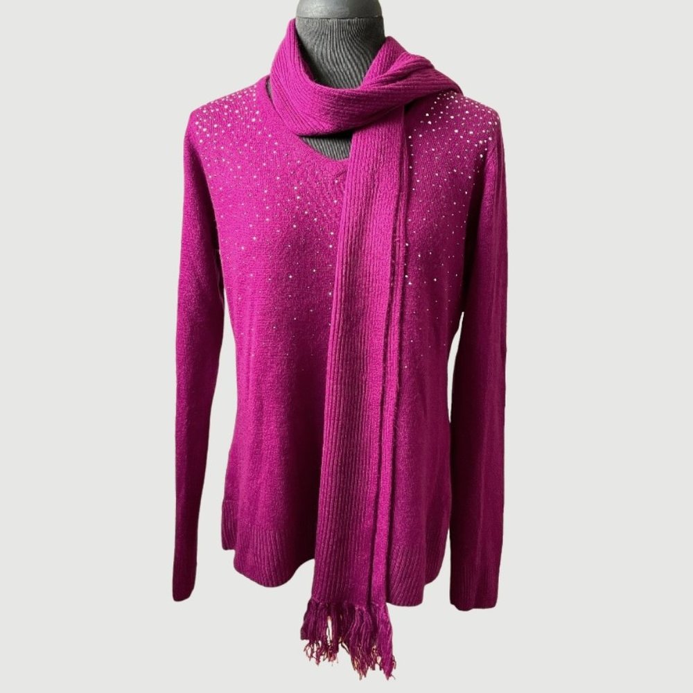 Carolyn Taylor Fuchsia Womens V-Neck Pullover Sweater with Attached Scarf Size M